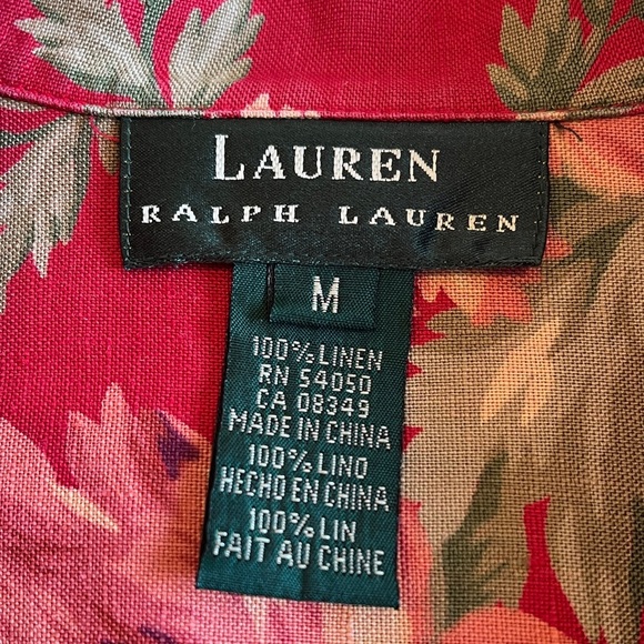 LRL Linen Floral Button Down Camp Shirt Women’s Medium Cottagecore Red Green - Picture 3 of 16